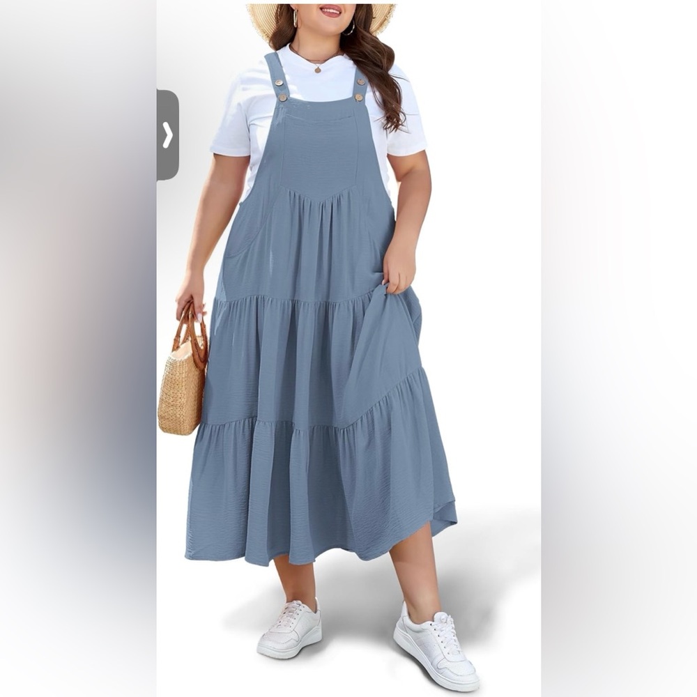 Tiered Pinafore Midi Dress in Dusty Blue - Women's